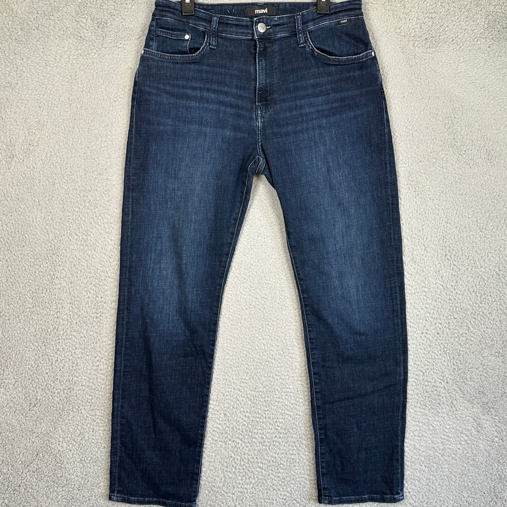 Mavi Zach Jeans Mens 35X32 Blue Straight Leg Whiskering Distressed Stretch Denim